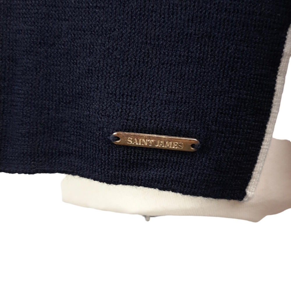 SAINT JAMES Women's Navy Blue 100% Wool Jumper UK Size 12 Contrast Trim Breton - Picture 11 of 15